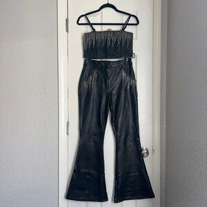 Miss Selfridge Petite Faux Leather Diamante Fringe Kickflare Pants - Size 6P